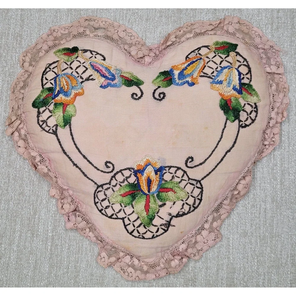 Vintage Embroidered Heart Shaped Pillow Lace 12x12 Shabby‎ Chic Cottagecore